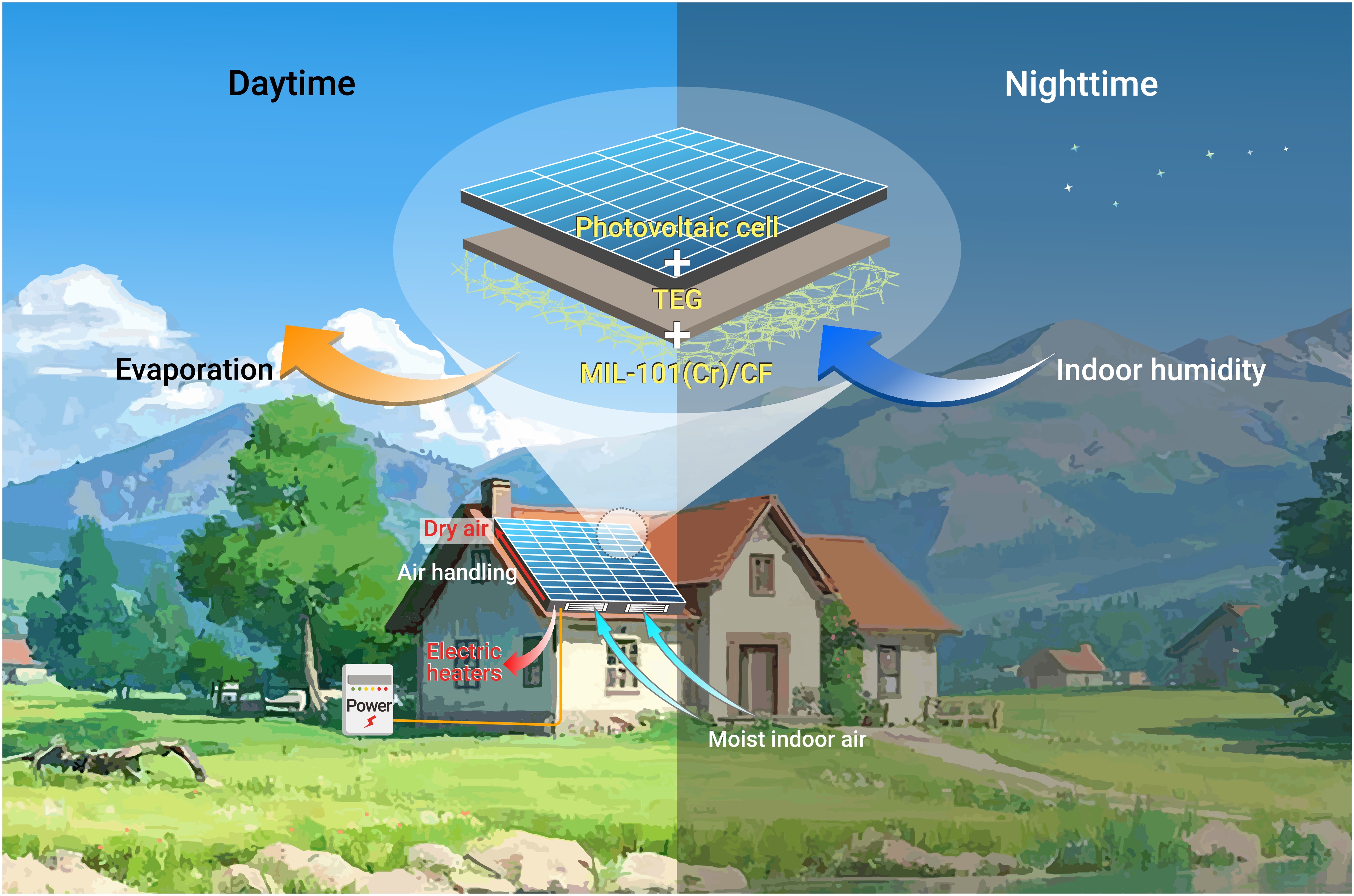 Day-Night energy harvesting: Photovoltaics-driven moisture